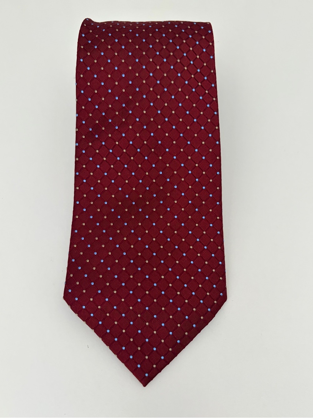 Roundtree & Yorke Burgundy Tie with Light Blue Dot Grid